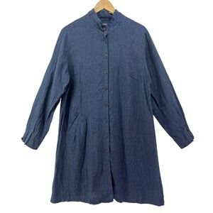FLAX Womens Blue 100% Linen Mandarin Collar Button Longline Tunic Pocket Size M